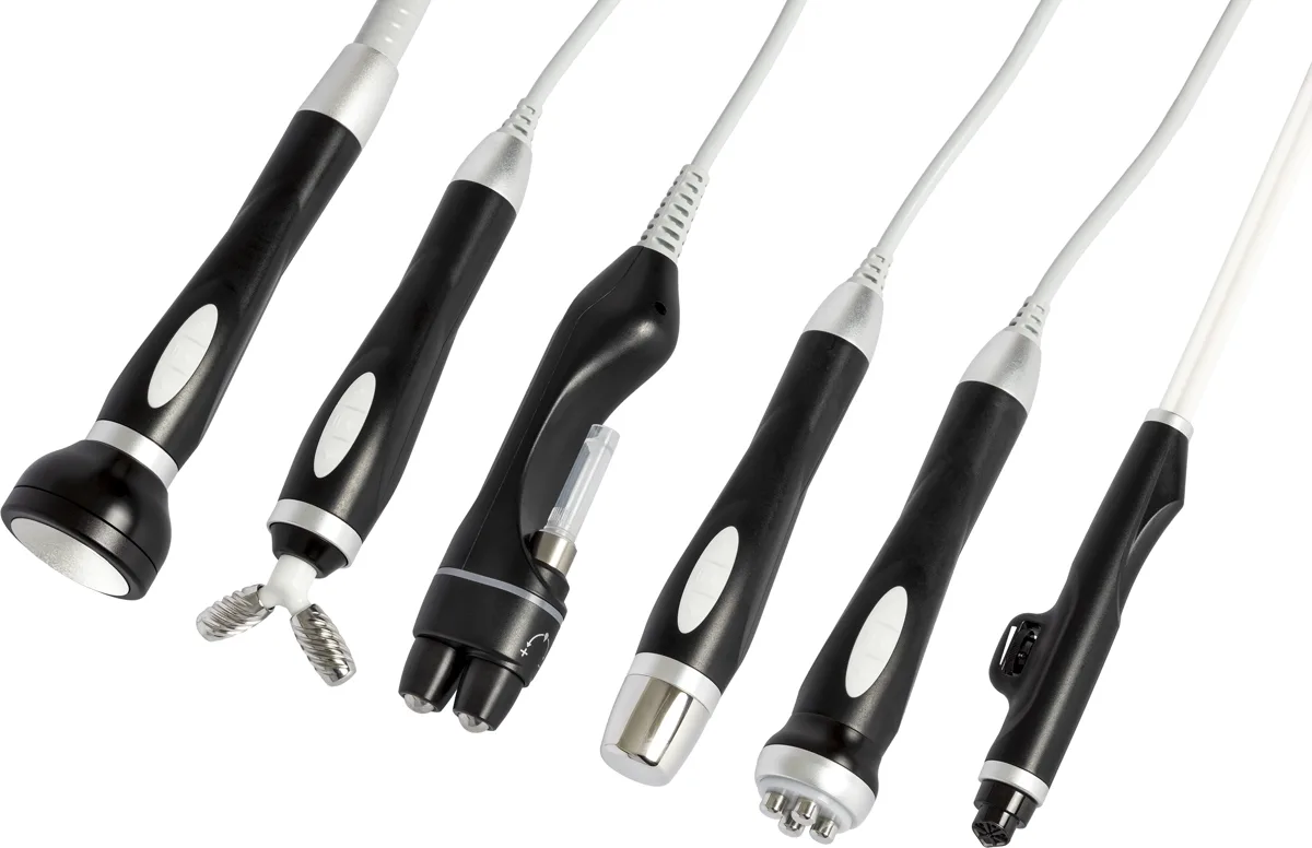 The six SKNLAB handpieces: Sonic, Aquis, Kelsius, N-Fuse, Level and Balance